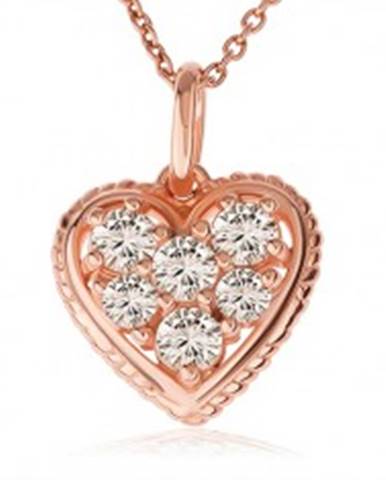 Strieborný 925 náhrdelník, číre zirkónové srdce s vrúbkovaným lemom, medená farba