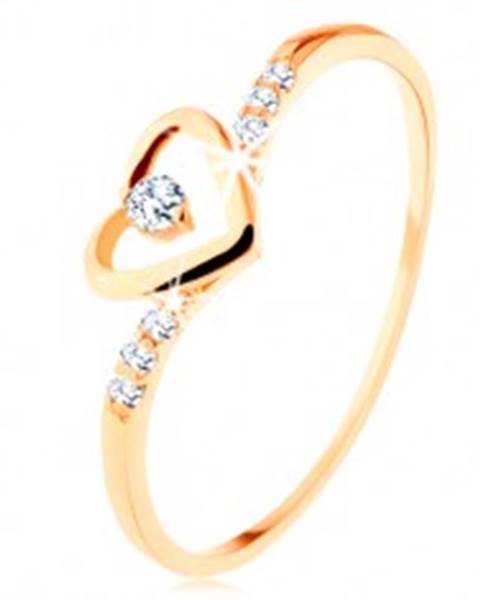 Zlatý prsteň 585, kontúra srdca s čírym zirkónikom, zdobené ramená - Veľkosť: 49 mm