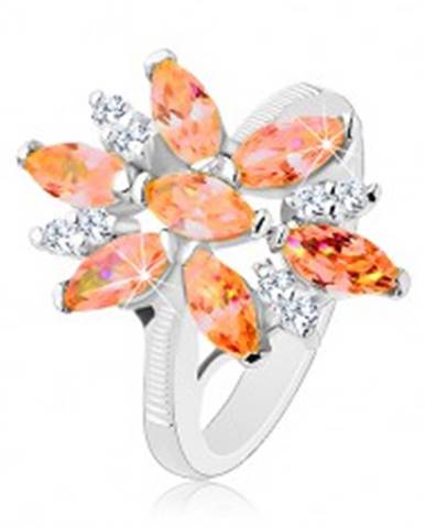 Ligotavý prsteň v striebornej farbe, veľký kvet z oranžových a čírych zirkónov - Veľkosť: 50 mm