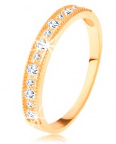 Ligotavý prsteň v žltom 14K zlate - línia čírych zirkónov s vrúbkovaným lemom - Veľkosť: 49 mm