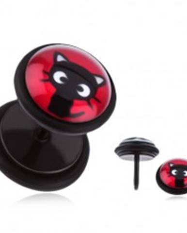 Oceľový fake plug do ucha - sediace čierne mačiatko, červený podklad