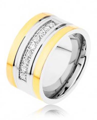 Oceľový prsteň zlatej a striebornej farby, trblietavá zirkónová línia, zárezy - Veľkosť: 57 mm