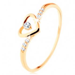 Zlatý prsteň 585, kontúra srdca s čírym zirkónikom, zdobené ramená - Veľkosť: 49 mm