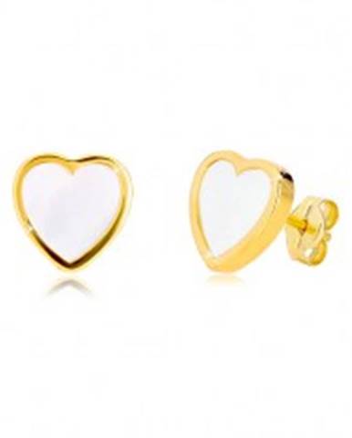 Náušnice zo žltého 14K zlata - kontúra symetrického srdca s prírodnou perleťou