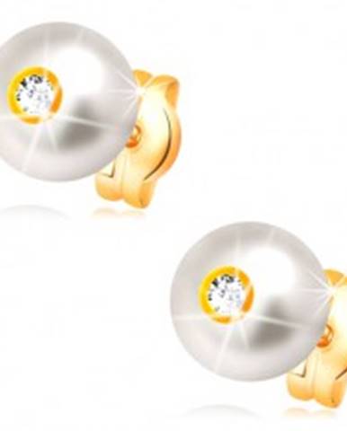 Zlaté 14K náušnice - smotanovo biela perla s ligotavým čírym zirkónom, 6 mm