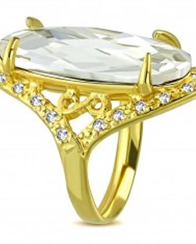 Mohutnejší prsteň zlatej farby z ocele - číry brúsený zirkón, symbol nekonečna - Veľkosť: 52 mm