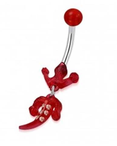 Piercing do pupka z ocele - guľôčka, červená jašterička so zirkónmi