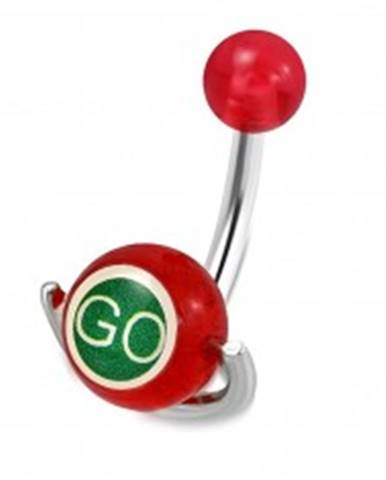 Piercing do pupku z ocele - červená guľôčka, valček s nápismi "GO" a "STOP"