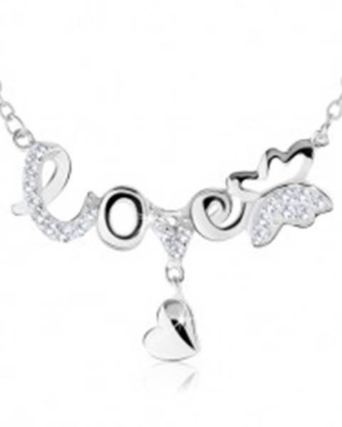 Nastaviteľný náhrdelník, nápis "love", motýlik, visiace srdiečko, striebro 925
