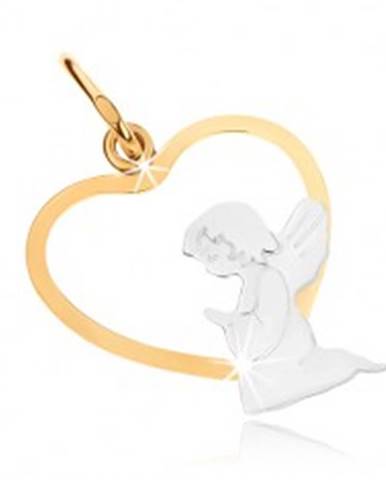 Zlatý dvojfarebný prívesok 375 - kľačiaci anjelik v spodnej časti obrysu srdca