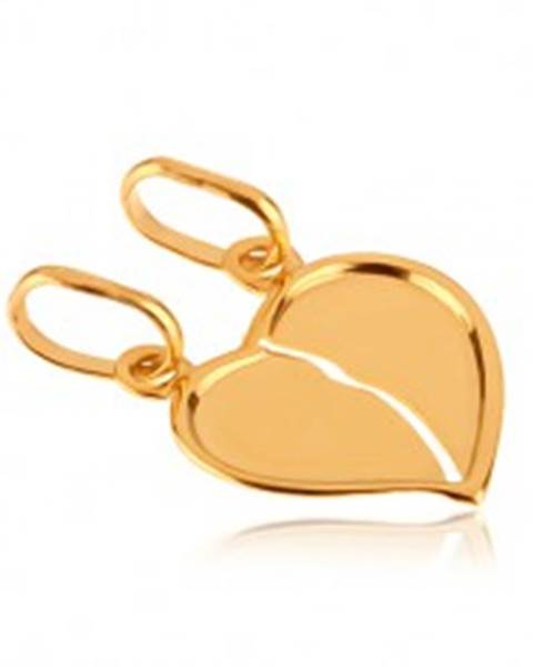 Zlatý dvojprívesok 585 - prelomené lesklé srdce so zahnutým okrajom
