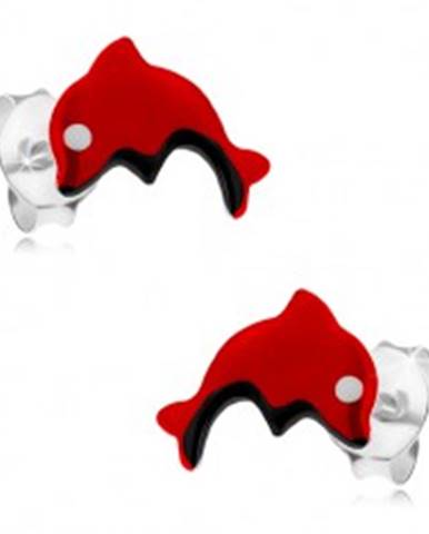 Puzetové náušnice zo striebra 925, červený skáčuci delfínik, glazúra