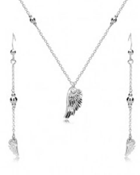 Strieborný set 925 - náušnice a náhrdelník, anjelské krídlo a lesklé guličky