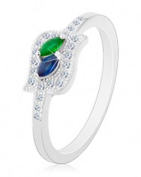 Strieborný prsteň 925, modré a zelené zirkónové zrnko v čírej kontúre, ródiovaný - Veľkosť: 48 mm