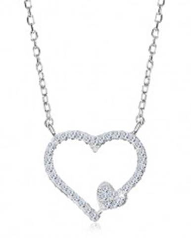 Ródiovaný náhrdelník, striebro 925, zirkónová kontúra srdca a malé srdiečko