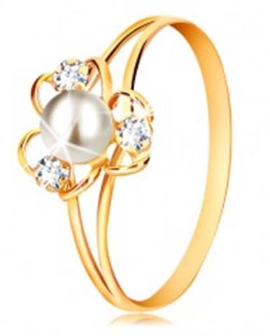 Prsteň v 9K žltom zlate - kvet s tromi lupienkami, bielou perlou a čírymi zirkónmi - Veľkosť: 51 mm