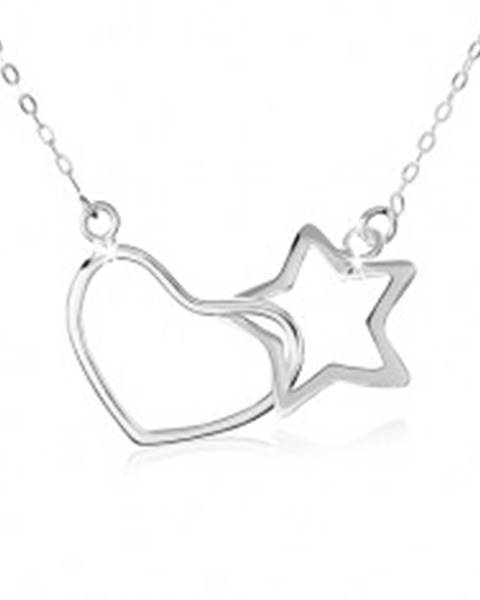 Strieborný náhrdelník 925, oválne očká retiazky, obrys hviezdy a srdca