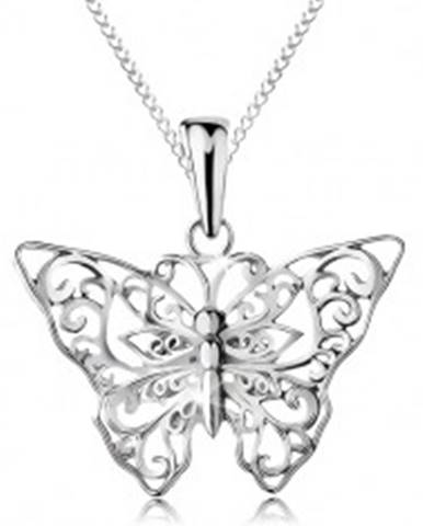 Strieborný 925 náhrdelník, motýlik s vyrezávanými ornamentami, retiazka