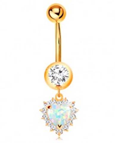 Zlatý 9K piercing do pupku - okrúhly zirkón v objímke, opálové srdce s čírym lemom