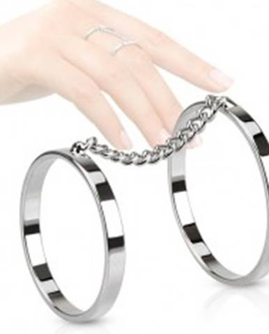 Dvojitý prsteň z ocele, ródiované obrúčky spojené retiazkou - Veľkosť: 56 mm