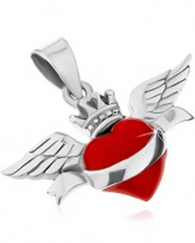 Prívesok zo striebra 925, červené srdce so stuhou, korunkou a krídlami, patina