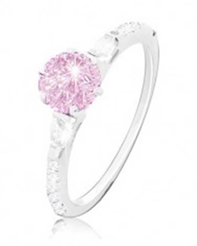 Zásnubný prsteň, striebro 925, okrúhly ružový zirkón, trblietavé ramená - Veľkosť: 49 mm
