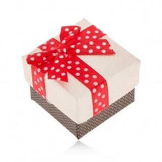 Béžovo-hnedá krabička na prsteň, červená stuha s bielymi bodkami