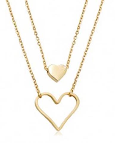 Oceľový náhrdelník zlatej farby, malé plné srdiečko, veľký obrys srdca, dve retiazky