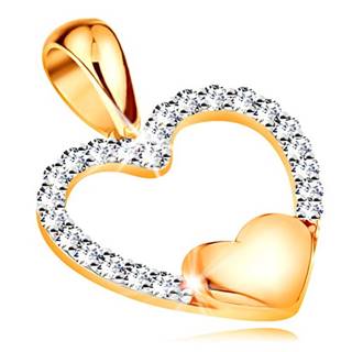 Zlatý 14K prívesok - obrys srdca zo zirkónov, malé plné srdiečko v spodnej časti