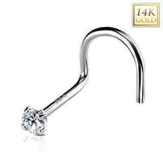 Zahnutý piercing do nosa v bielom 14K zlate, okrúhly číry zirkón, 2 mm