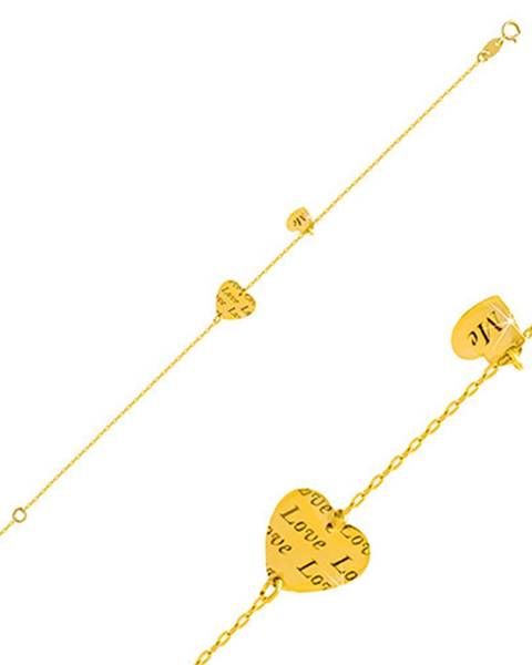 Zlatý náramok 585 - dve lesklé srdiečka s nápismi "Love" a "Me"