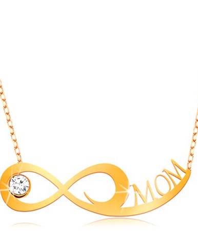 Zlatý náhrdelník 375 - jemná retiazka, symbol nekonečna, číry zirkón a nápis MOM