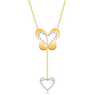 Zlatý 9K náhrdelník - motýľ s výrezom a visiacou kontúrou srdiečka na retiazke
