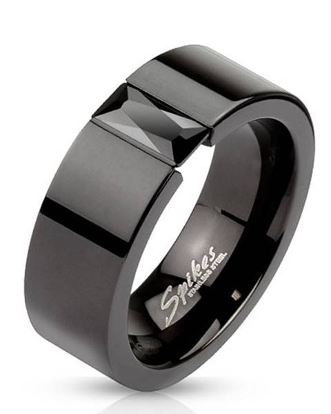 Prsteň z ocele v čiernej farbe - ligotavý čierny zirkón, 8 mm - Veľkosť: 60 mm